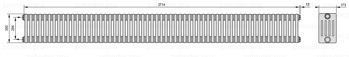 Схема (чертеж) Радиатор Zehnder Charleston 5035/59 №1270 Белый глянцевый RAL 9016